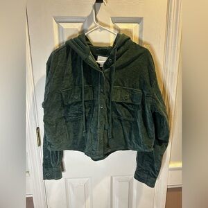 American Eagle Hooded Cropped Corduroy Green Button Up Shirt Jacket‎ Shacket Med